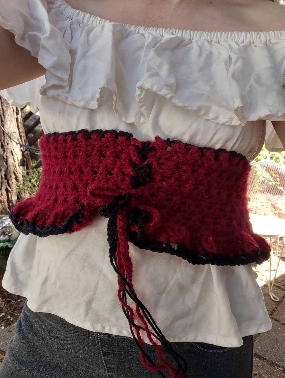 Whimsigoth Cottagecore Fae core Goblin Core Handmade Crochet Corset Red Black